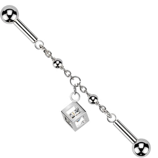 Industrial Barbell centered chain cubic zirconia cube dangle