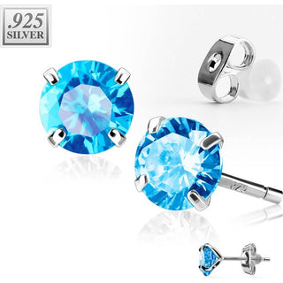 Silver 925 Stud Earring Sterling Silver Martini Round Clear Cubic Zirconia Stud Earring 1 Pair