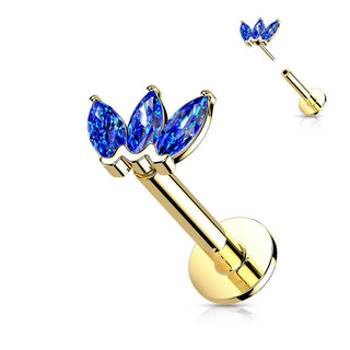 Solid Gold 14 Carat Labret Marquise 3 Zirconia Push-In