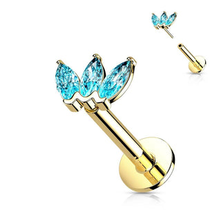 Solid Gold 14 Carat Labret Marquise 3 Zirconia Push-In