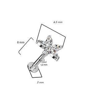 Solid Gold 14 Carat Labret Flower Zirconia Push-In