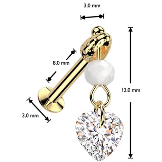 Glass Labret heart zirconia glass bead dangle Push-In