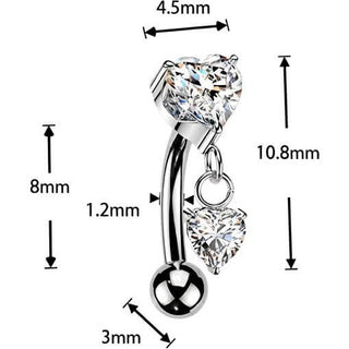Titanium Curved Barbell prong setting heart cubic zirconia and heart cubic zirconia dangle Push-In