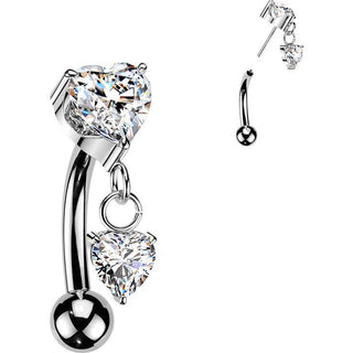 Titanium Curved Barbell prong setting heart cubic zirconia and heart cubic zirconia dangle Push-In