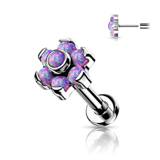 Titanium Labret Push-In Flower Opal Silver