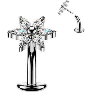 Titanium Belly Button Piercing flower 6 marquise zirconia petals Push-In