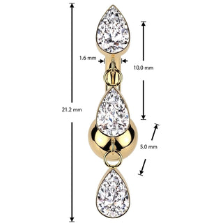 Titanium Belly Button Piercing 3 teardrops zirconias dangle Push-In
