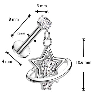 Labret Star Saturn Zirconia Internally Threaded
