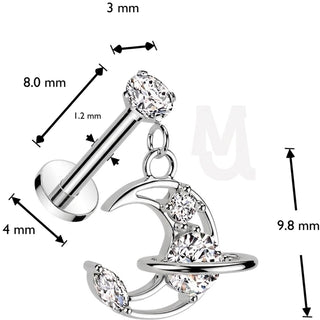 Labret saturn moon zirconia dangle Internally Threaded