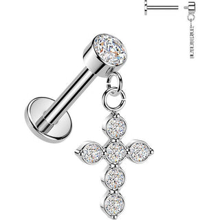 Labret cubic zirconia cross dangle bezel setting Internally Threaded