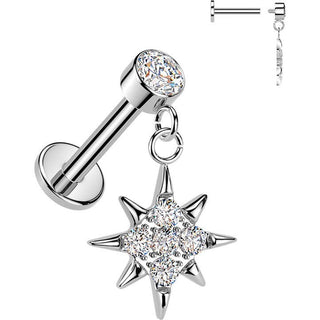 Labret pave cubic zirconia starburst dangle bezel setting Internally Threaded