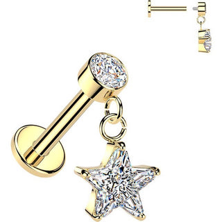 Labret star cubic zirconia dangle bezel setting Internally Threaded