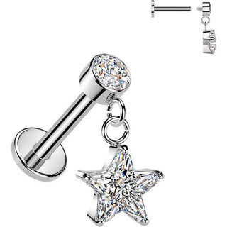 Labret star cubic zirconia dangle bezel setting Internally Threaded