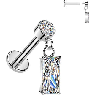 Labret rectangle cubic zirconia dangle bezel setting Internally Threaded