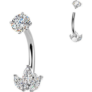 Belly Button Piercing prong set 3 marquise cubic zirconias Internally Threaded