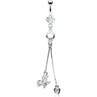 Belly Button Piercing Heart Butterfly dangle Zirconia Silver