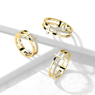 Fingerring Doppelkreuz Zirkonia Gold