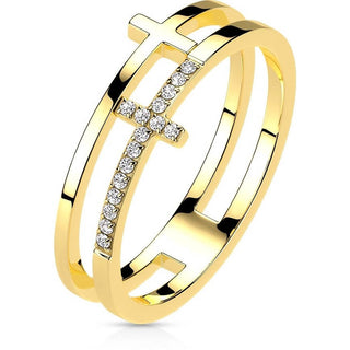 Fingerring Doppelkreuz Zirkonia Gold