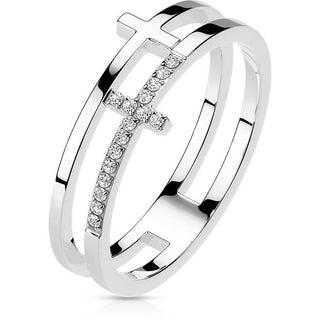Fingerring Doppelkreuz Zirkonia Silber