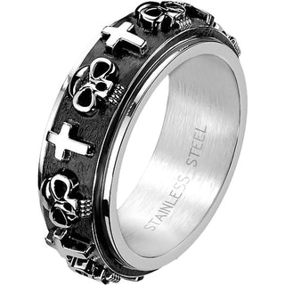 Finger Ring 316L Ring Skulls and Crosses on Black Spinner Center