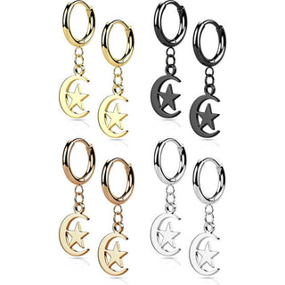 Earring 316L Hinged Hoop Earring Moon and Star Dangle 1 Pair Clicker