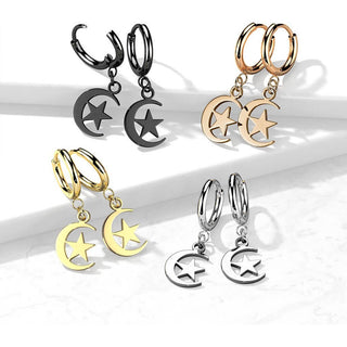 Earring 316L Hinged Hoop Earring Moon and Star Dangle 1 Pair Clicker