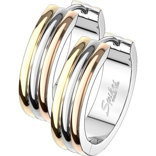 Hoop Earring 316L Hinge Action Hoop Earrings Triple Dome 3 Tone 1 Pair