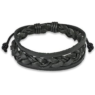 Bracelet Black Leather Bracelet Double Strings Weaved Center