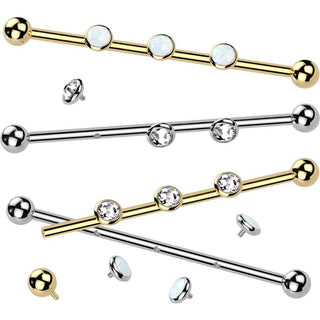 Titan Industrial Barbell 3 Zirkonia Opal Natursteine Zargenfassung Innengewinde