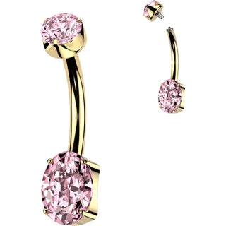 Titanium Belly Button Piercing Gold PVD Prong Setting Oval Zirconia