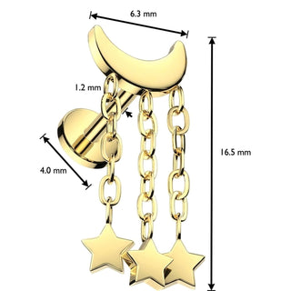 Titanium Labret crescent moon stars dangle Internally Threaded