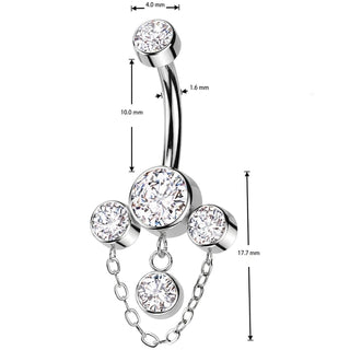 Titanium Belly Button Piercing 3 zirconias chain dangle Internally Threaded