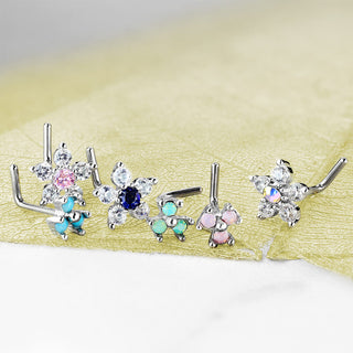 Nose L-Shape Flowers Zirconia Silver, 6  pieces