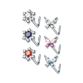 Nose L-Shape Butterfly Flower Zirconia Silver, 6  pieces