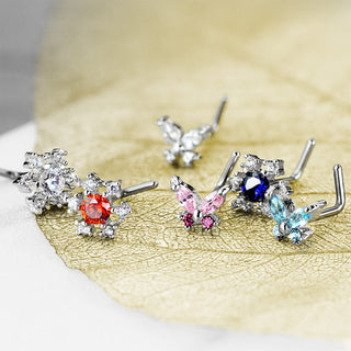 Nose L-Shape Butterfly Flower Zirconia Silver, 6  pieces