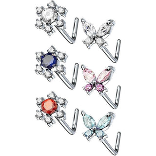 Nose L-Shape Butterfly Flower Zirconia Silver, 6  pieces