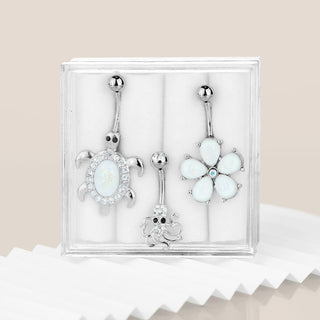Belly Button Piercing Set Zirconia Opal Siber, 3  pieces