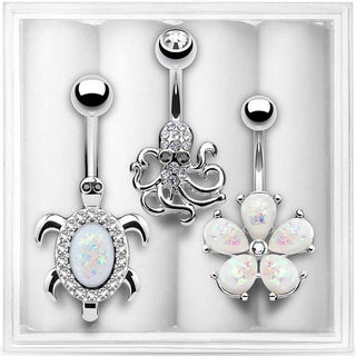 Belly Button Piercing Set Zirconia Opal Siber, 3  pieces