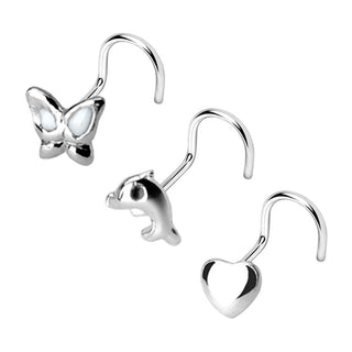 Silver 925 Nose Screw Set Butterfly Heart Dolphin Silver, 3  pieces