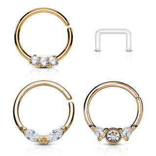 Septum Piercing Set Retainer Ring Zirconia Gold Bendable, 3  pieces