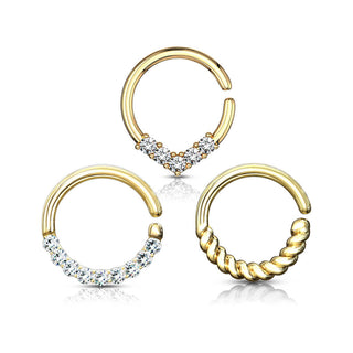 Septum Piercing Set Ring Zirconia Gold Bendable, 3  pieces
