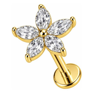 Titanium Labret Five Petal Marquise Stone Flower Internally Threaded