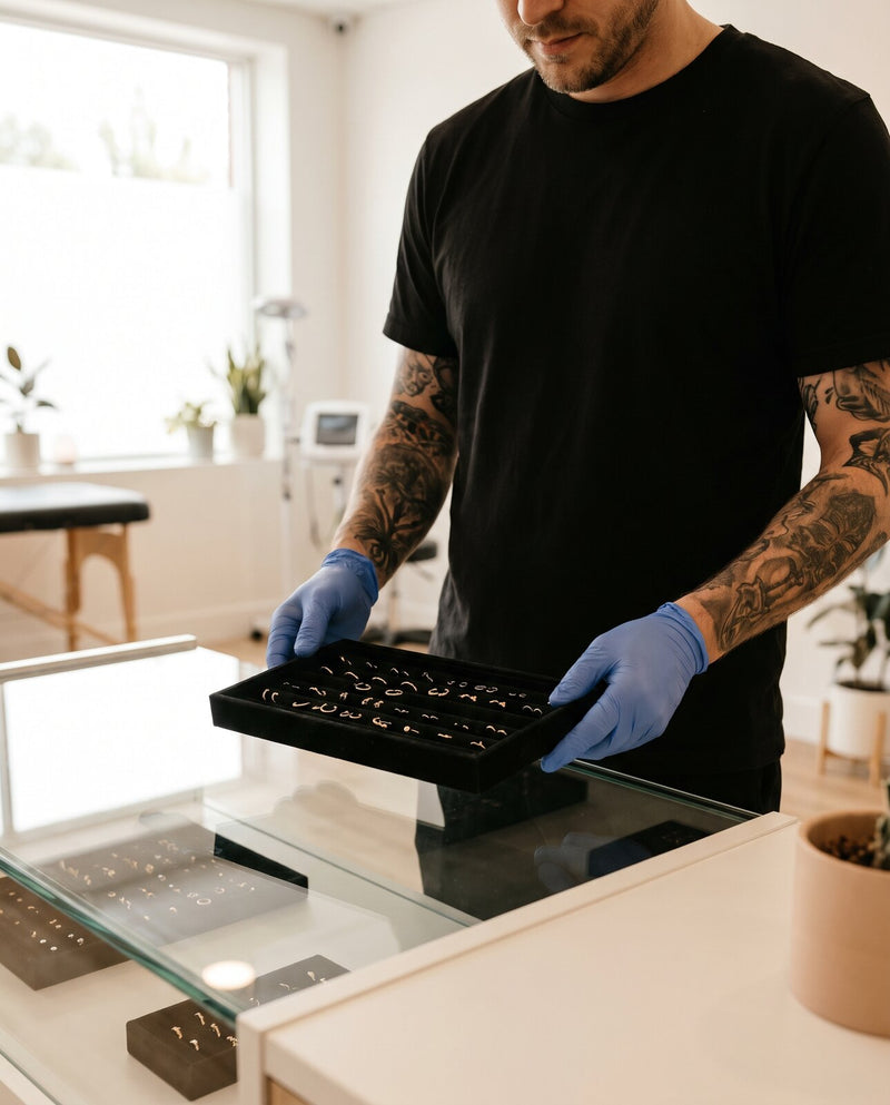 Piercer zeigt Schmuck aus der Vitrine